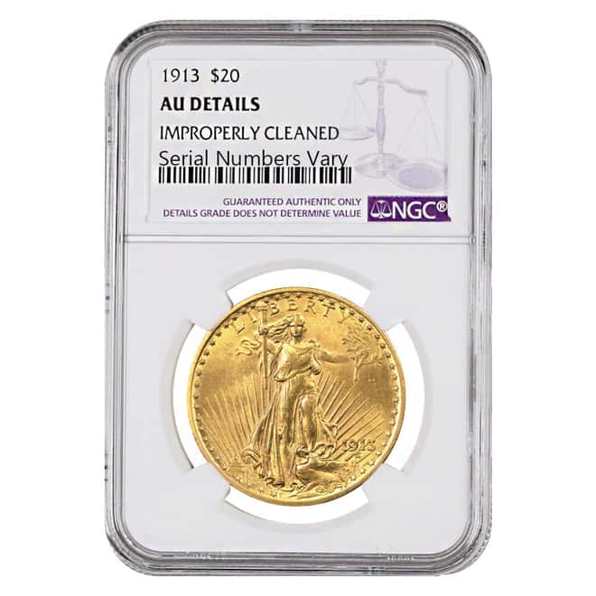 1913 $20 Gold St. Gaudens Double Eagle Coin NGC AU Details