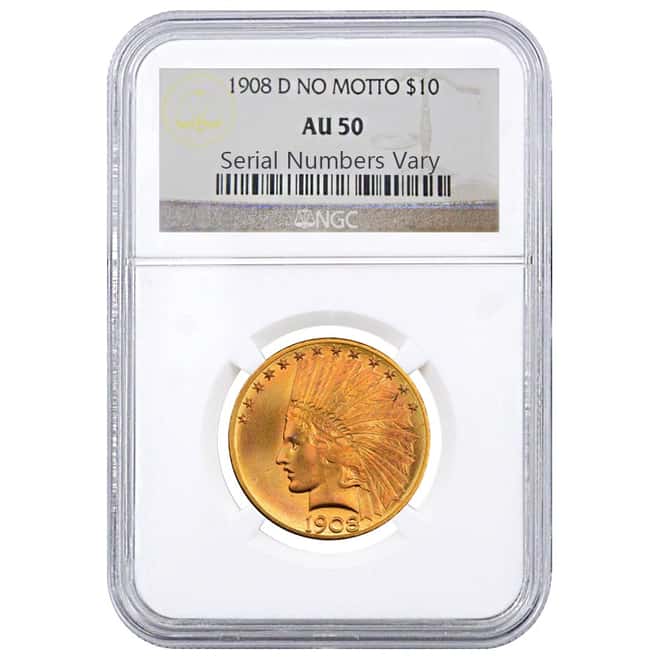 1908 D $10 Indian Head Gold Eagle Coin No Motto NGC AU 50