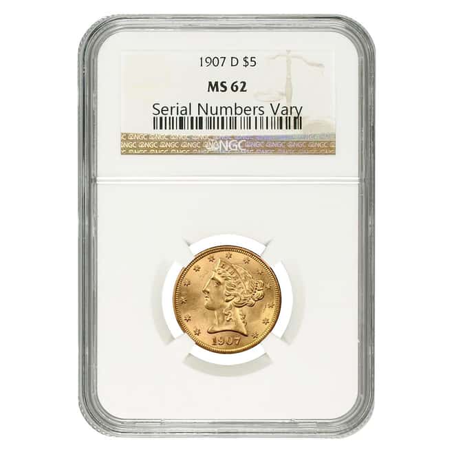1907 D $5 Liberty Head Half Eagle Gold Coin NGC MS 62