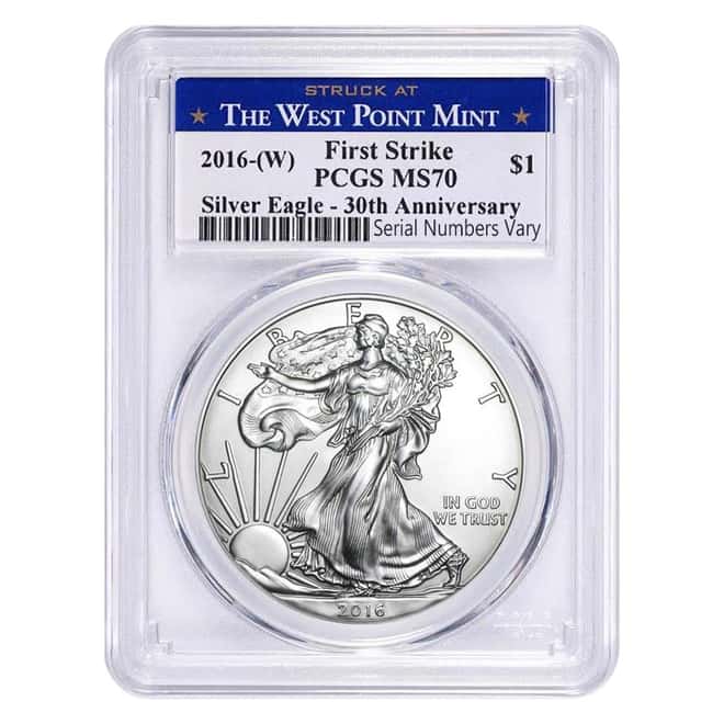 2016-W 1 oz Silver American Eagle $1 Coin PCGS MS 70 First Strike West Point - 30th Anniversary