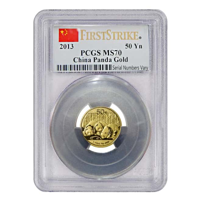 2013 1/10 oz China Gold Panda 50 Yuan PCGS MS 70 First Strike