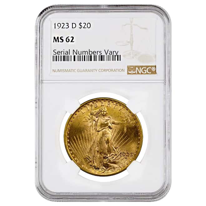 1923-D $20 Gold Saint Gaudens Double Eagle Coin NGC MS 62