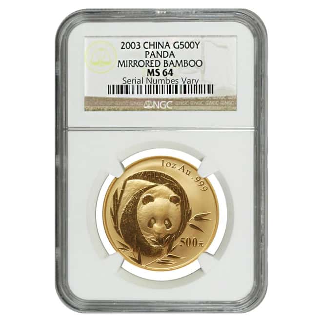 2003 1 oz 500 Yuan China Gold Panda NGC MS 64 - Mirrored Bamboo