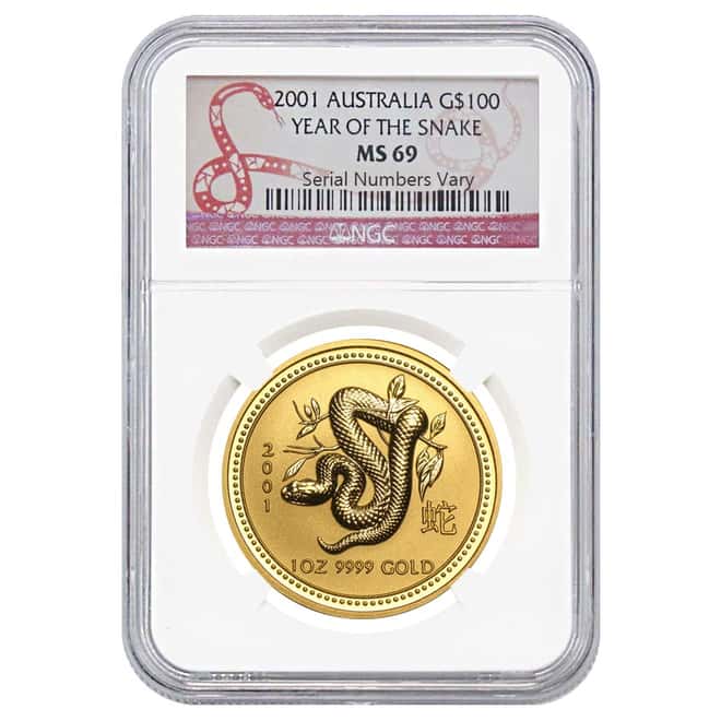 2001 1 oz Gold Lunar Year of The Snake Perth Mint (Series I) NGC MS 69