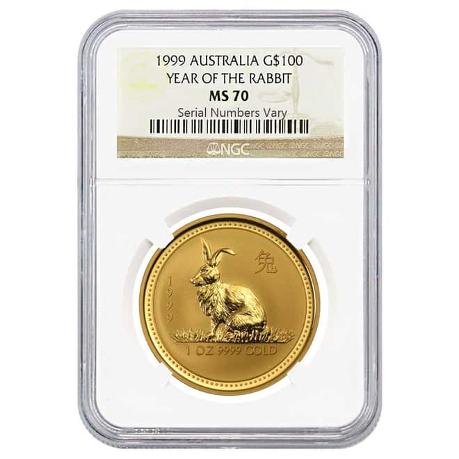 1999 1 oz $100 Gold Lunar Year of the Rabbit Perth Mint NGC MS 70