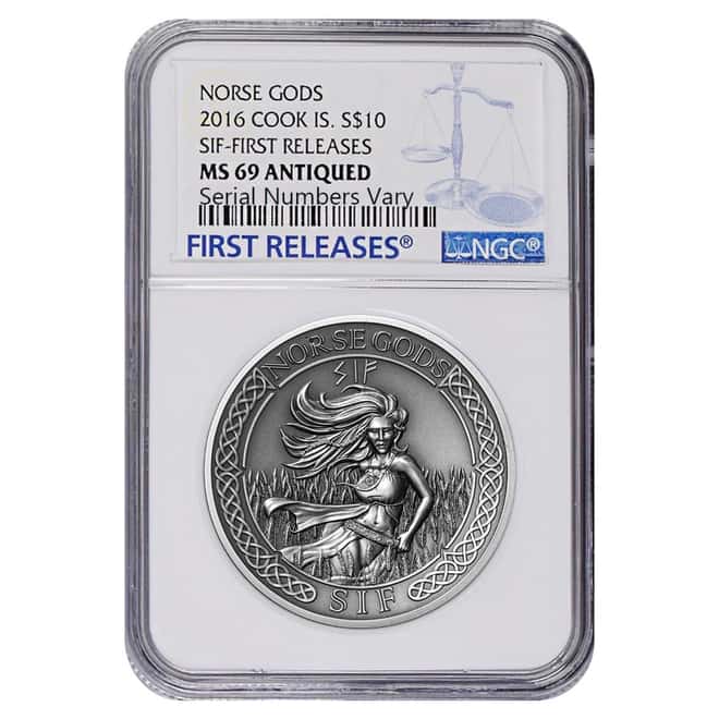 2016 2 oz Cook Islands Silver Norse Gods Sif Ultra High Relief NGC MS 69 Antiqued First Releases w/COA