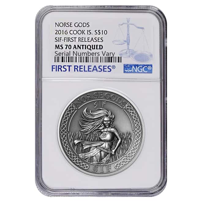 2016 2 oz Cook Islands Silver Norse Gods Sif Ultra High Relief NGC MS 70 Antiqued First Releases w/COA