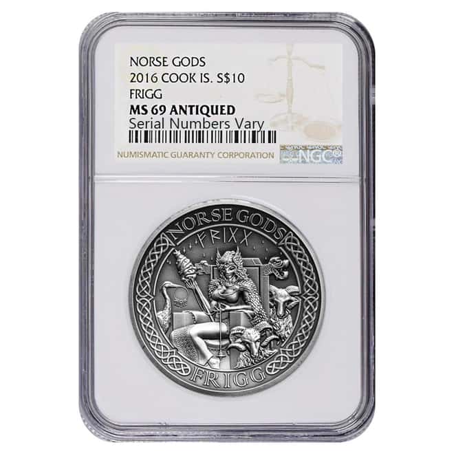 2016 2 oz Cook Islands Silver Norse Gods Frigg Ultra High Relief NGC MS 69 Antiqued w/COA