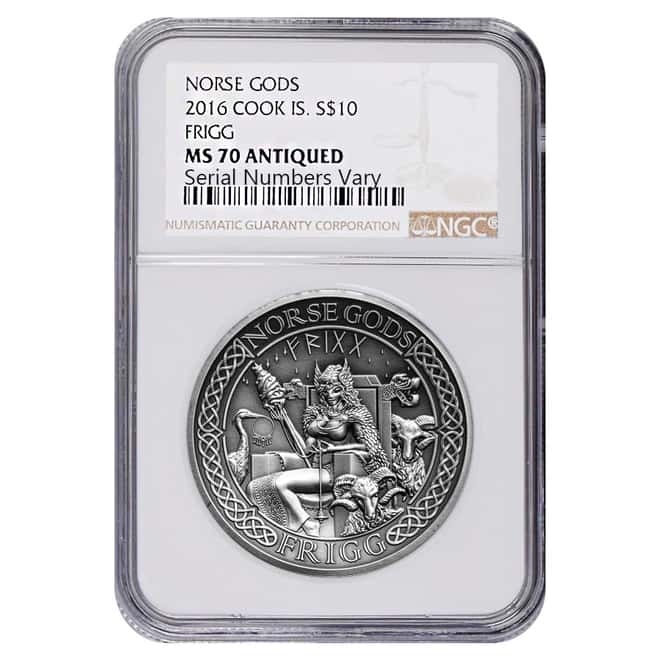 2016 2 oz Cook Islands Silver Norse Gods Frigg Ultra High Relief NGC MS 70 Antiqued w/COA