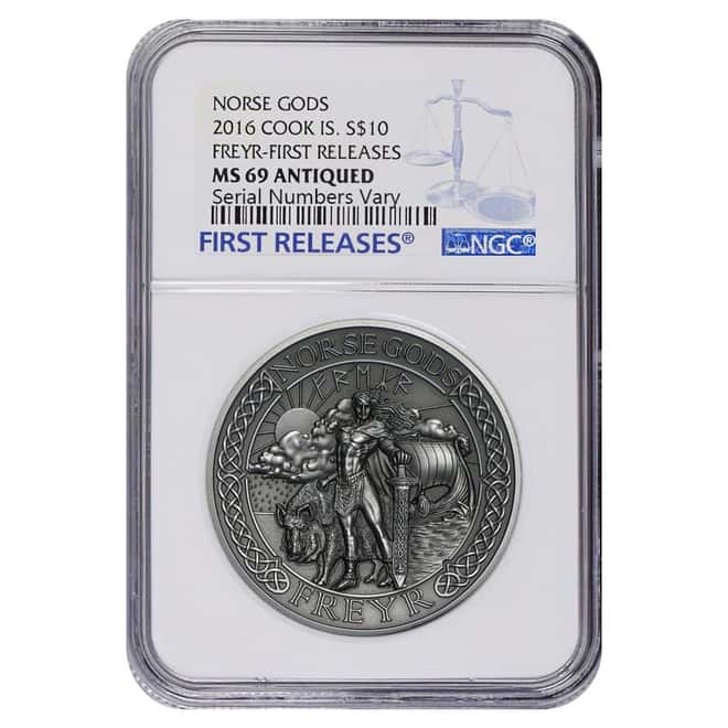 2016 2 oz Cook Islands Silver Norse Gods Freyr Ultra High Relief NGC MS 69 Antiqued First Releases w/COA