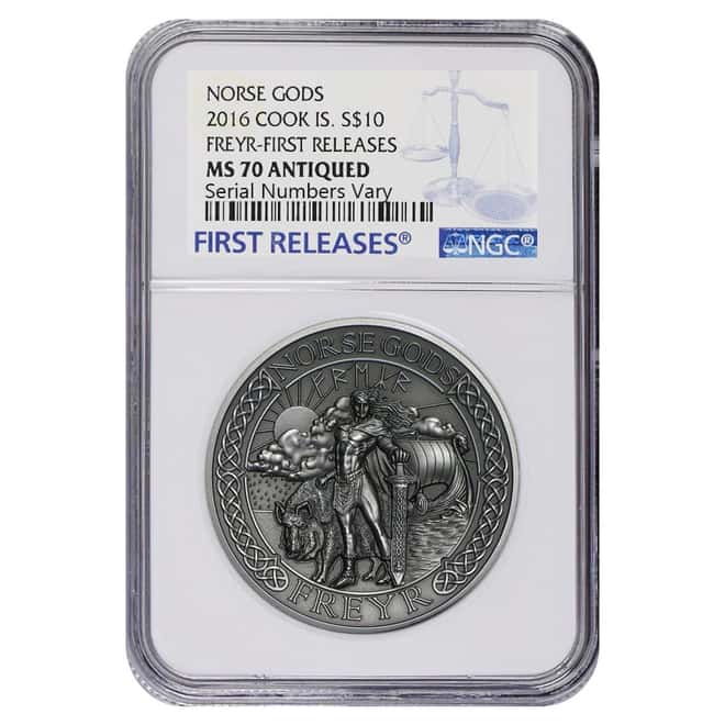 2016 2 oz Cook Islands Silver Norse Gods Freyr Ultra High Relief NGC MS 70 Antiqued First Releases w/COA