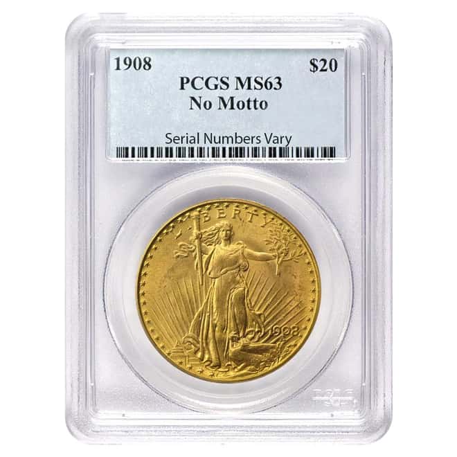 1908 $20 Gold St. Gaudens Double Eagle No Motto PCGS MS 63