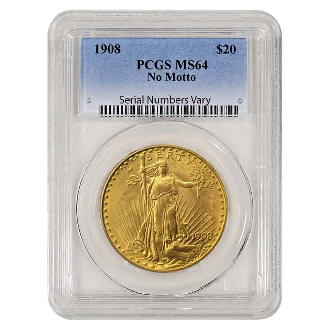 1908 $20 Gold St. Gaudens Double Eagle No Motto PCGS MS 64