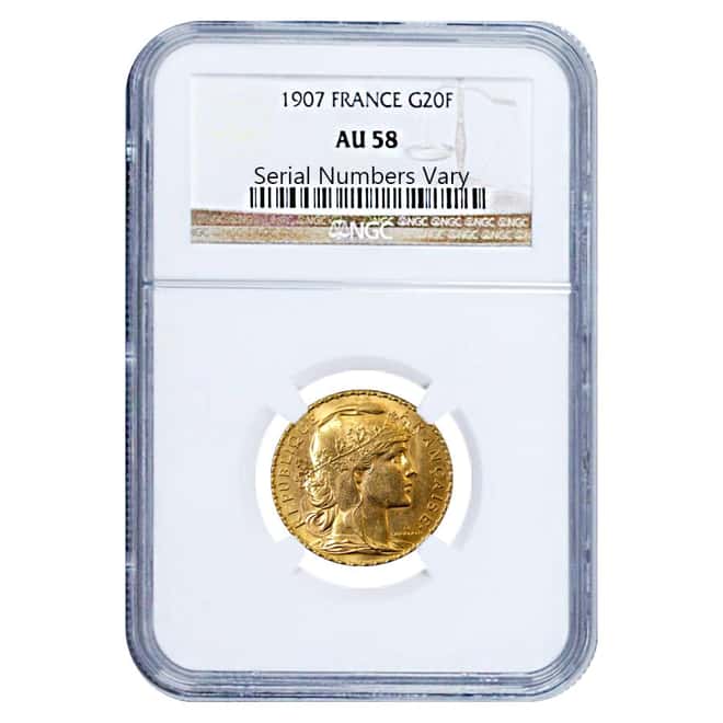 1907 France Gold 20 Francs Rooster NGC AU 58