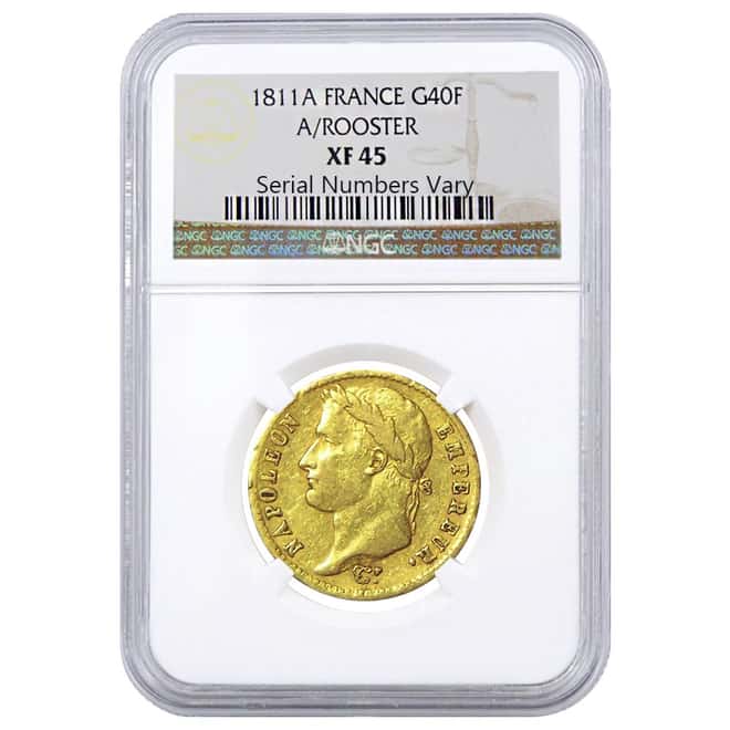 1811-A France Gold 40 Francs Napoleon I A/Rooster NGC XF 45