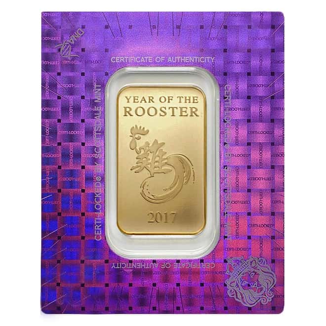 1 oz Scottsdale Mint Year of the Rooster Gold Bar .9999 Fine (In Assay)