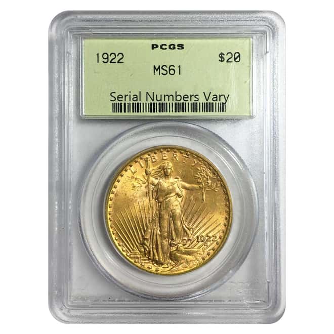 1922 $20 Gold St. Gaudens Double Eagle Coin PCGS MS 61