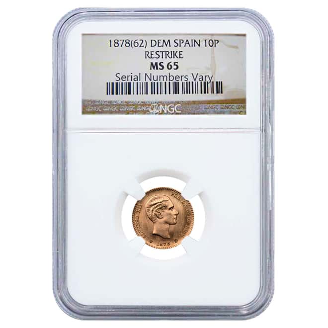 1878 (1962) Dem Spain 10 Pesetas Gold Coin Restrike NGC MS65