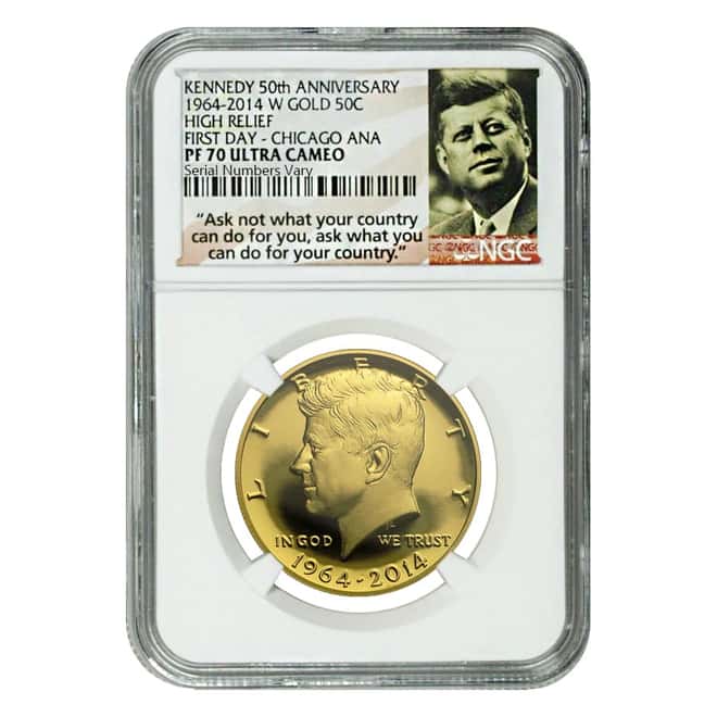 2014-W 3/4 oz Gold Kennedy Half High Relief NGC PF 70 UCAM Chicago ANA First Day
