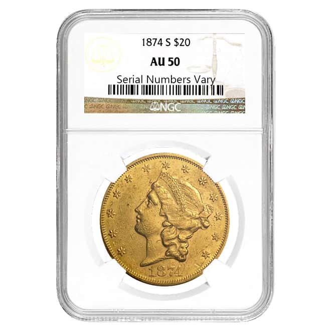 1874-S $20 Liberty Head Double Eagle Gold Coin NGC AU 50
