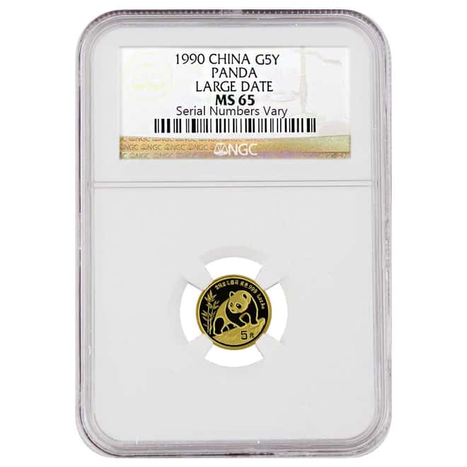 1990 1/20 oz China Gold Panda 5 Yuan NGC Large Date MS 65