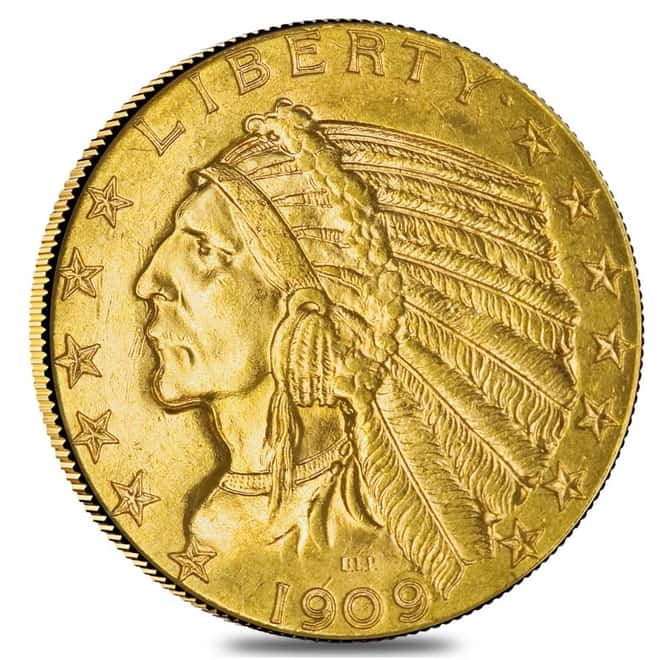 1909 D $5 Indian Head Half Eagle Gold Coin ANACS AU 53