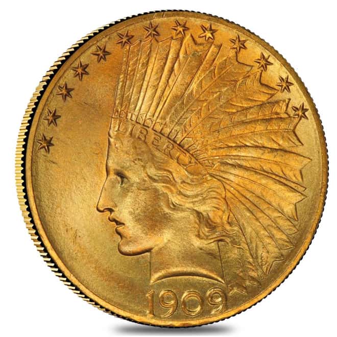 1909 D $10 Indian Head Eagle Gold Coin NGC AU 58