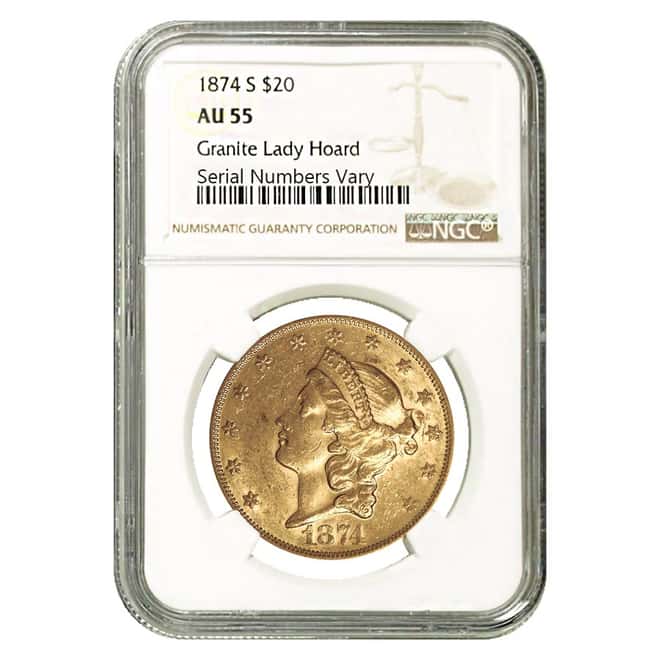 1874-S $20 Liberty Head Double Eagle Gold Coin NGC AU 55