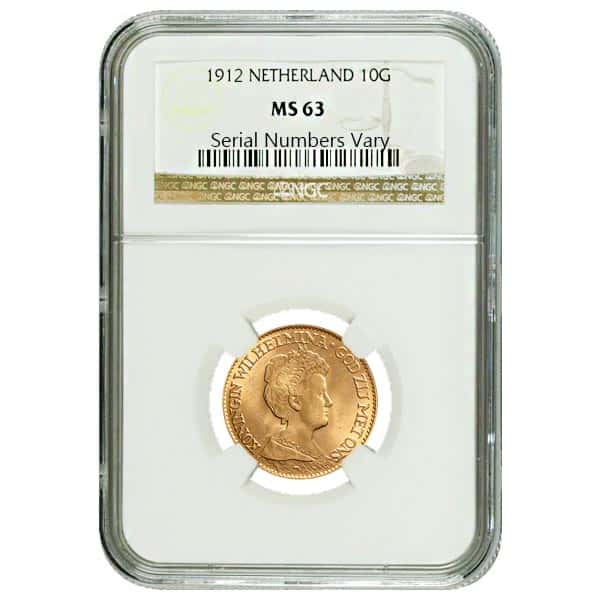 1912 Netherlands Gold 10 Guilder Wilhelmina NGC MS 63