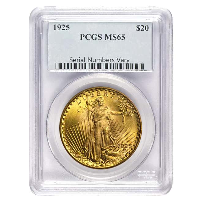 1925 $20 Gold Saint Gaudens Double Eagle Coin PCGS MS 65