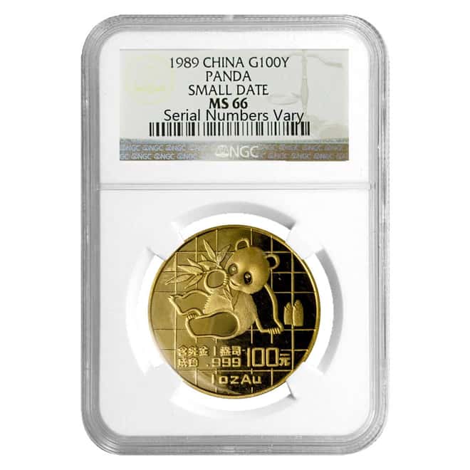 1989 1 oz Gold China Panda 100 Yuan NGC MS 66 (Small Date)