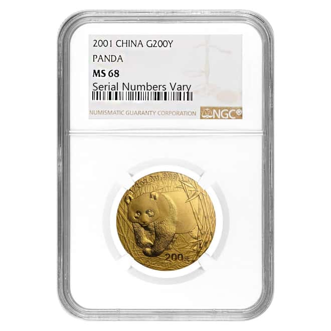 2001 China 1/2 oz Gold Panda 200 Yuan NGC MS 68