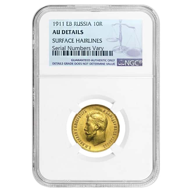 1911 Russia Gold 10 Roubles NGC AU Details