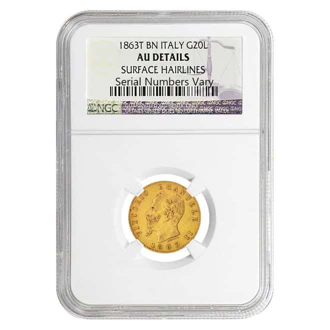 1863T Italy 20 Gold Lire Emanuele Vittorio NGC AU Details