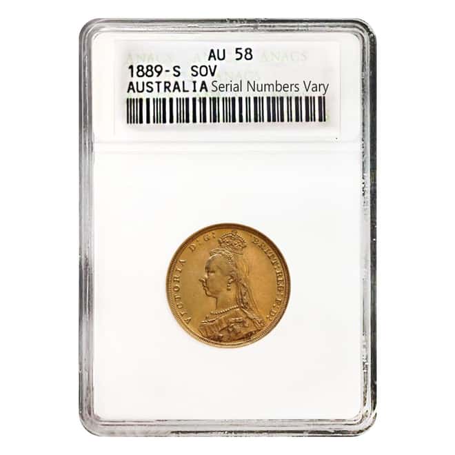 1889 S Australia Gold Sovereign Victoria Jubilee Head ANACS AU 58