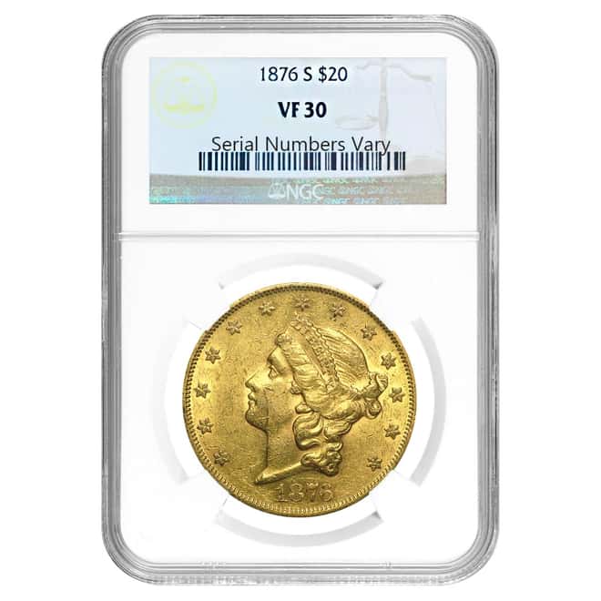 1876 S $20 Liberty Head Double Eagle Gold Coin NGC VF 30