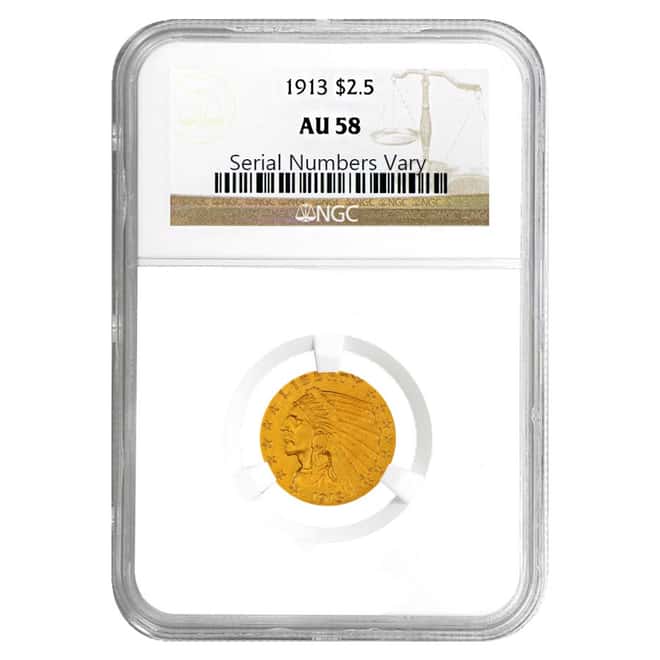 1913 $2.5 Gold Quarter Eagle Indian Head NGC AU 58
