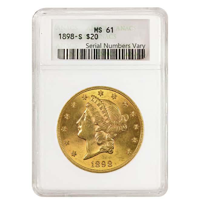 1898-S $20 Liberty Head Double Eagle Gold Coin ANACS MS 61