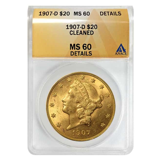 1907 D $20 Liberty Head Double Eagle Gold Coin ANACS MS 60