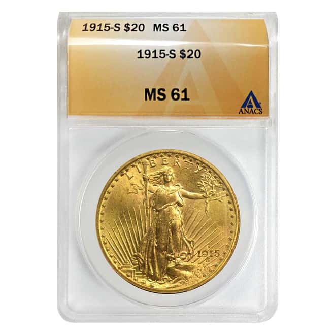 1915 S $20 Gold Saint Gaudens Double Eagle ANACS MS 61