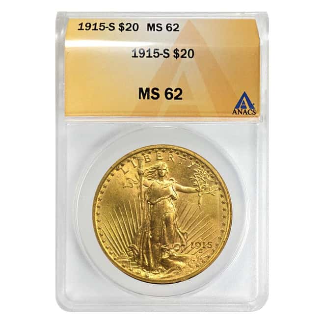 1915 S $20 Gold Saint Gaudens Double Eagle ANACS MS 62