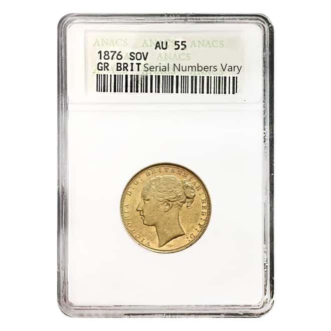1876 British Gold Sovereign Young Victoria Head ANACS AU 55