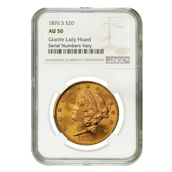 1876 S $20 Liberty Head Gold Double Eagle Coin NGC AU 50