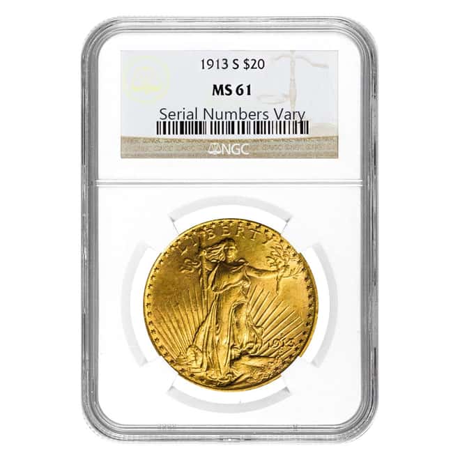 1913 S $20 Gold Saint Gaudens Double Eagle Coin NGC MS 61