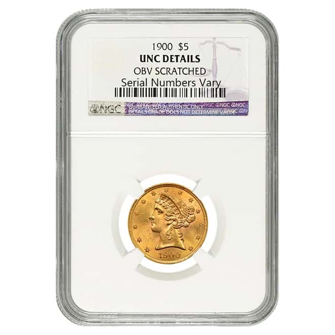 1900 $5 Liberty Head Half Eagle Gold Coin NGC UNC Details (Obverse Scratched)