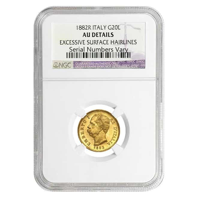 1882R Italy 20 Gold Lire Umberto I NGC AU Details