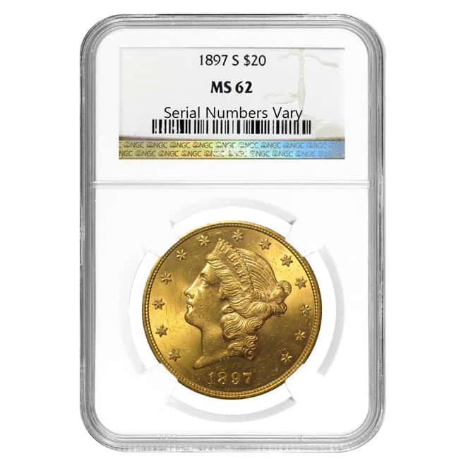 1897 S $20 Liberty Head Gold Double Eagle Coin NGC MS 62
