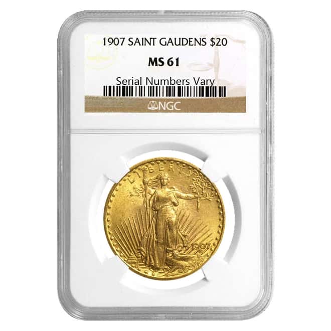 1907 $20 Gold Saint Gaudens Double Eagle Coin NGC MS 61