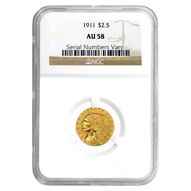 1911 $2.5 Indian Head Quarter Eagle Gold Coin NGC AU 58
