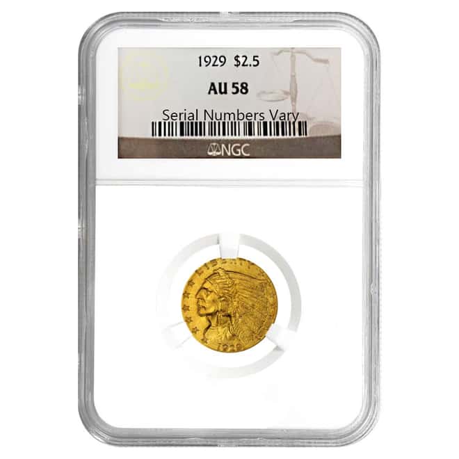 1929 $2.5 Gold Quarter Eagle Indian Head NGC AU 58